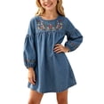 thumbnail image 2 of LEKWK Girls Denim Mini Dress Long Puff Sleeve Floral Embroidery Jean Dress Kids Cute A Line Sundress Summer Fashion Beach Vacation Outfits 1-10Y, 2 of 8