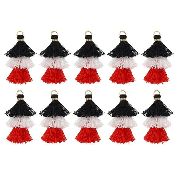10Pcs Tiny Tri-Layered Tassels 1.6" Mini Tassel Bag Charm Bohemian Keychains for DIY Projects (Black/White/Red)