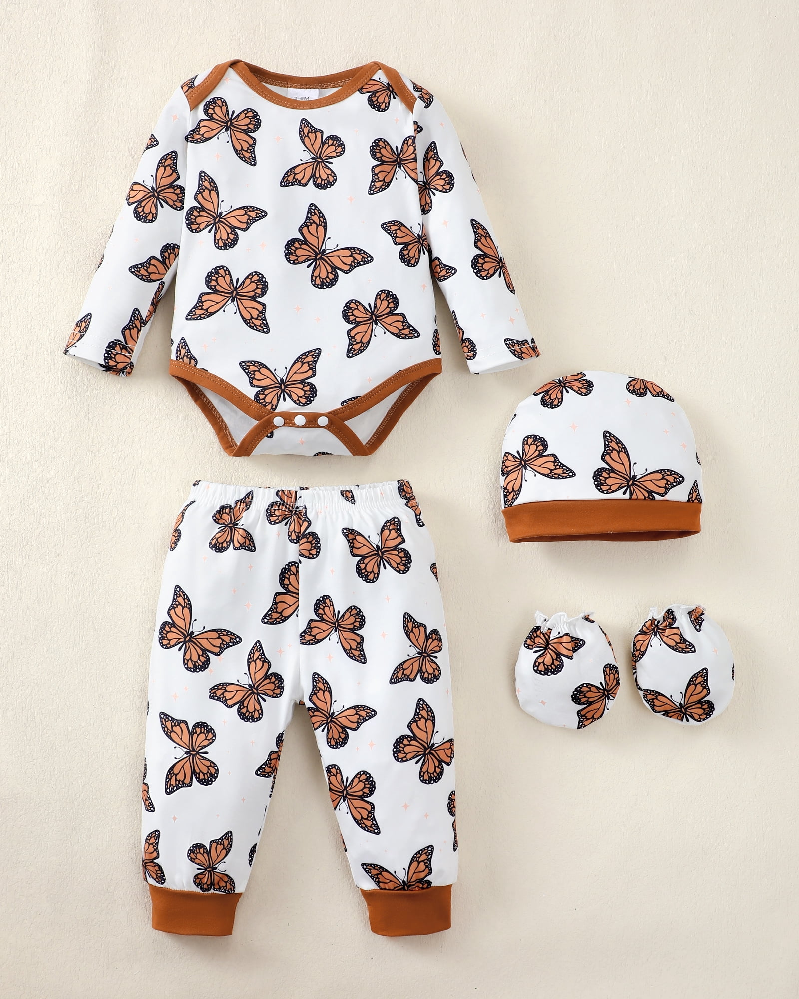 KIMI BEAR Newborn Baby Girls Layette Set 4 Packs 0-3 Months Winter Clothes Outfits Long Sleeves Romper Top Pants Gloves Hats 16 Piece Essentials Accessories Clothing Gift Sets Brown