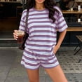 thumbnail image 5 of Cagogo Women Plus Size 2 Piece Shorts Set Striped Casual Summer Outfits Loose Round Neck Short Sleeve Tshirt Shorts Matching Lounge Sets Tracksuits Travel Airport Clothes, Purple 3XL, 5 of 9