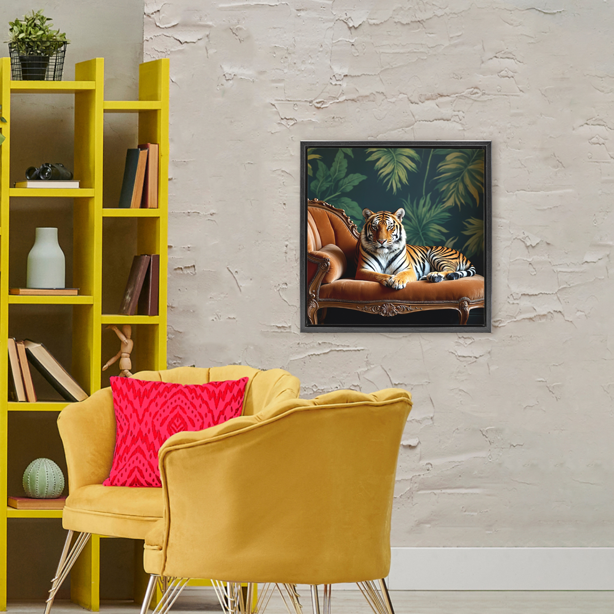 Tiger Lounging on Chaise Black Framed Floater Canvas Wall Art, design by Lettered and Lined