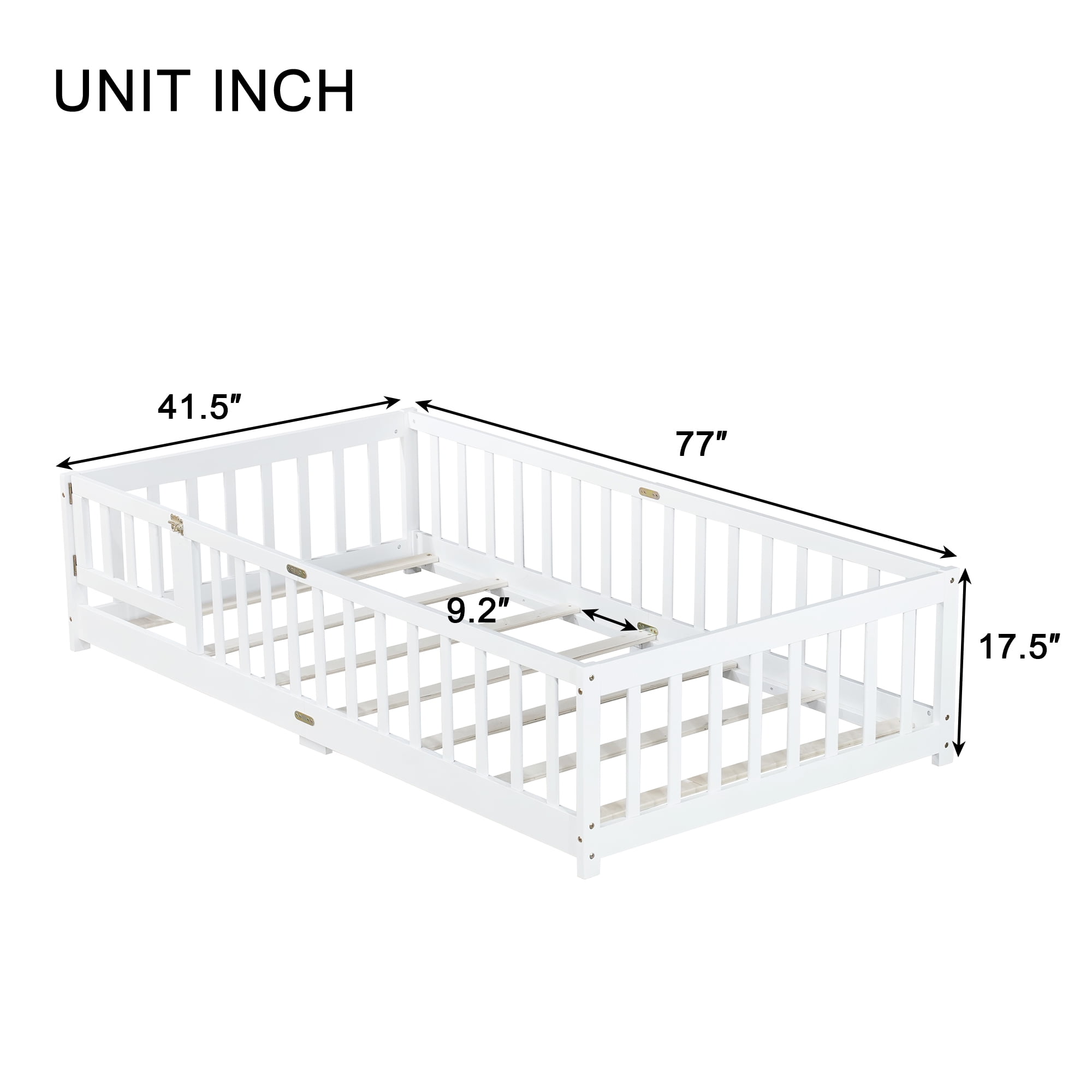 Sailvan Twin Floor Bed with Fence and Door, Solid Rubber Wood Kids Platform Bed Frame White