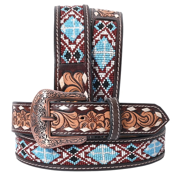 BE BAR H EQUINE Genuine Beaded Floral Hand Tooled Western Leather Men And Women Belt
