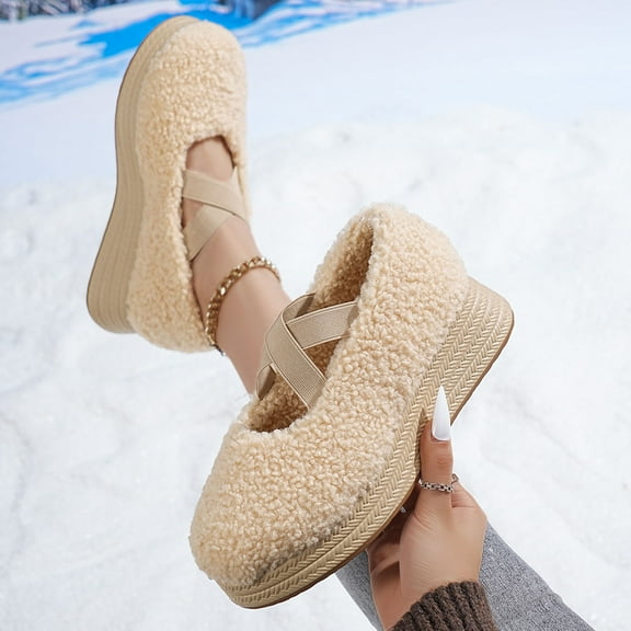 Roncen Women's Furry Wedge Shoes with Thick Platform - Cozy Winter Slip Resistant Fluffy Heels for Wide Width, Comfortable Elevated Design