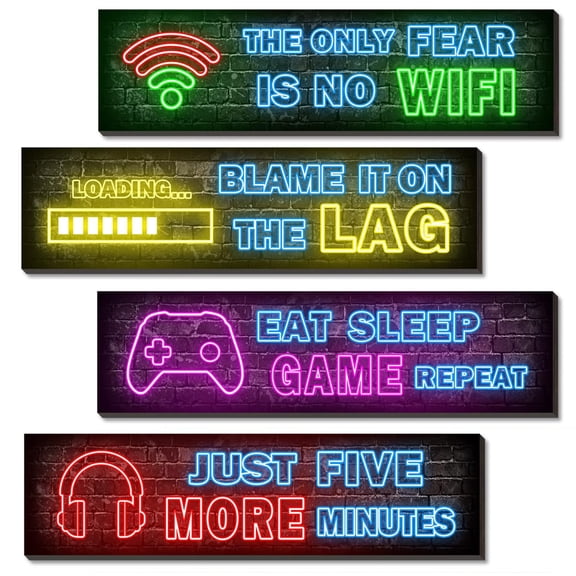 4 Pcs Printed Neon Gaming Posters, Teen Boys Room Decorations, gamer wall art Decor for bedroom Wooden