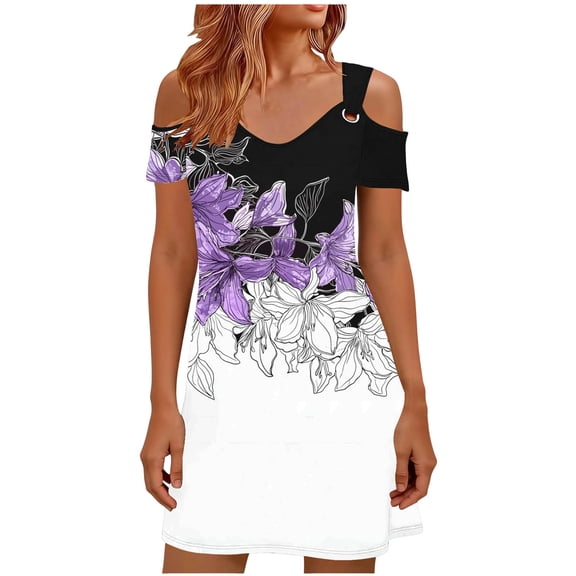 Cold Shoulder Dresses for Women Boho Floral Print Mini Dress Elegant Classy Business Sundress Casual Work Fashion Trendy Outfits V Neck Short Dresses 2026 Summer Beach Vacation Outfits