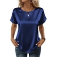 thumbnail image 2 of Satin Blouse for Women Business Casual Short Sleeve Tops Crewneck Silk Summer Shirt Dark Blue M, 2 of 6