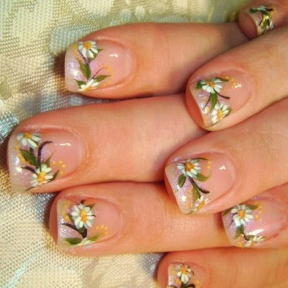 24 Pcs Flowers Artificial Nails French Tip Press On Nails Short Square Stick On Nails Glittering False Nails for Party