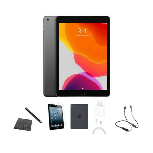 Refurbished Apple iPad 7th Gen A2197 (WiFi) 32GB Space Gray Bundle w/ Case, Bluetooth Neckband Earbuds, Tempered Glass, Stylus, Charger