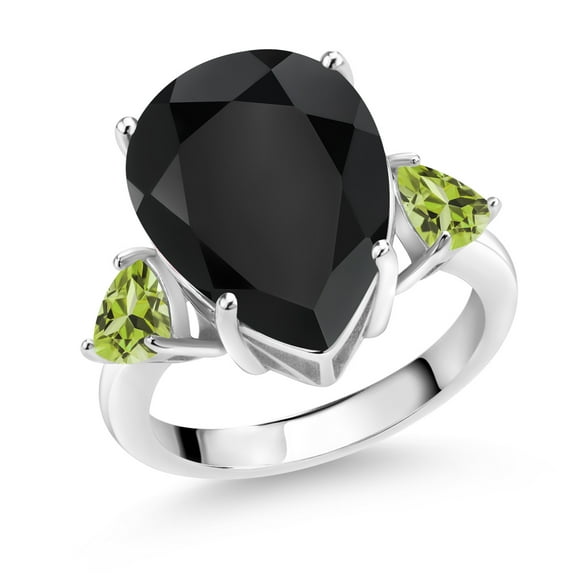 Gem Stone King 8.33 Ct Pear Shape Black Onyx Green Peridot 925 Sterling Silver Ring (Size 5)