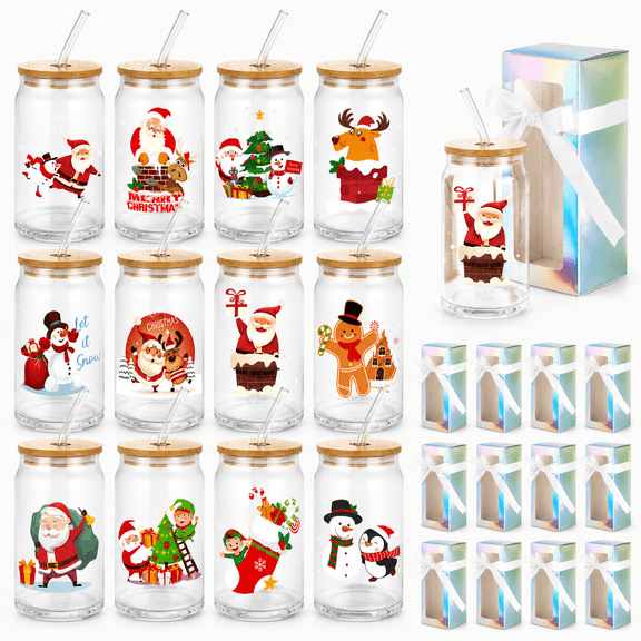 12 Pack 16 Oz Christmas Glass Tumbler Set With Lids Straws And Gift Boxes
