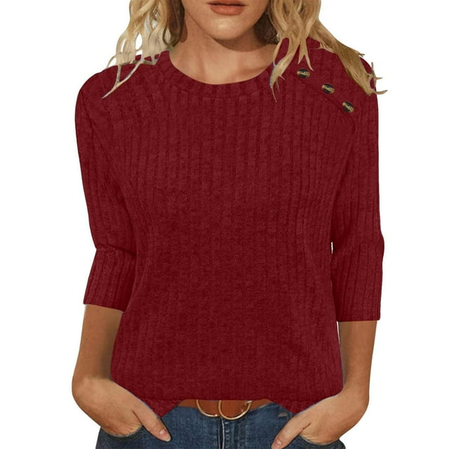 Chandails d'Automne Grande Taille pour Femmes Automne et Hiver Couleur Unie Col Rond Bas Rayé Ample Décontracté Manches Trois-Quarts