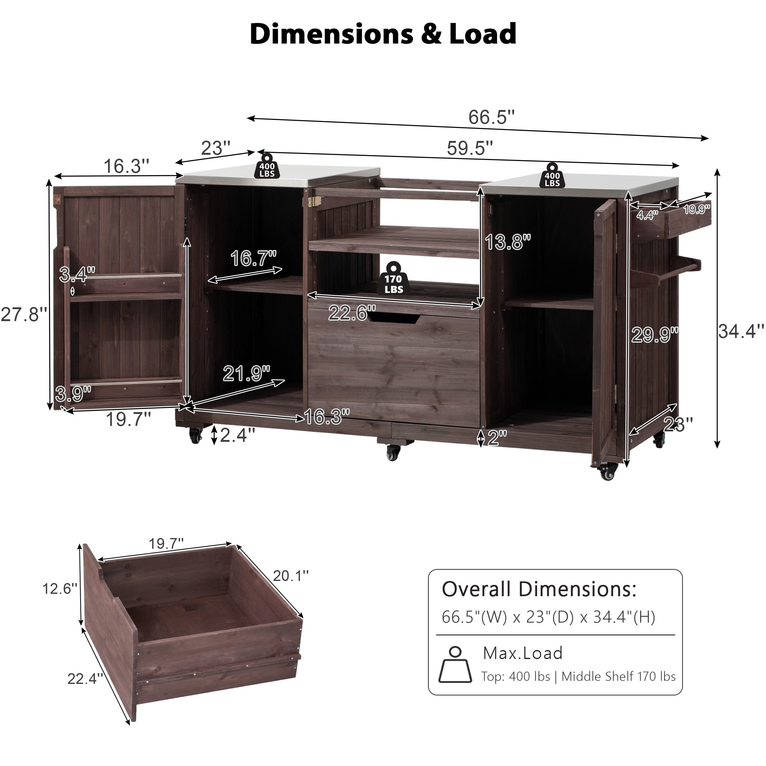 Aukfa 66.5" Outdoor Kitchen Island with Stainless Steel Top, Solid Wood BBQ Grill Cart for Big Green Egg,Dark Brown