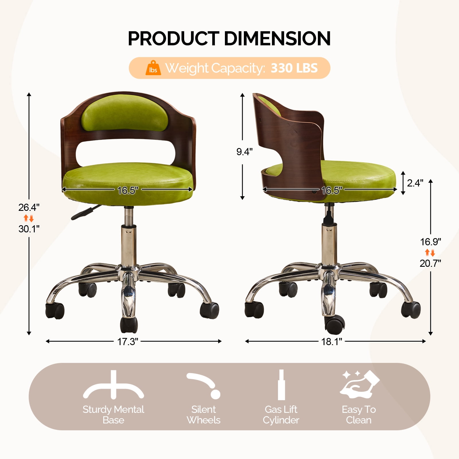 Ktaxon Office Computer Desk Chair with Rolling Wheels, Vanity Stool with Faux Leather Seat, Adjustable Task Chair for Study Make-up Dressing Green