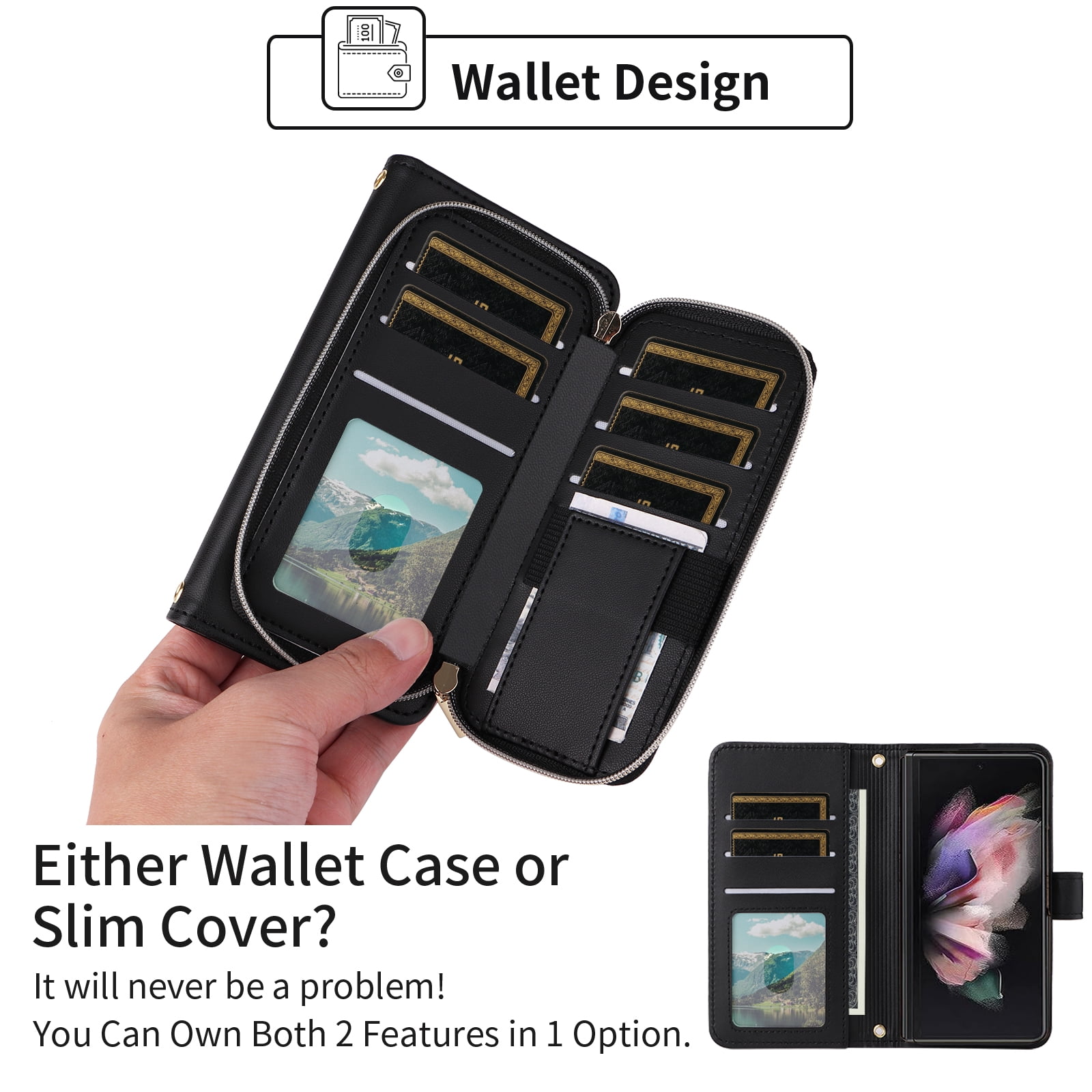 Furiet Wallet Case for Samsung Galaxy Z Fold 3 5G 2021 with Wrist Strap Crossbody Shoulder Strap, 9+ Card Slots Zipper Purse, Luxury PU Leather Stand Phone Cover for ZFold3 Z3 Fold3 3Z ZFold35G Black