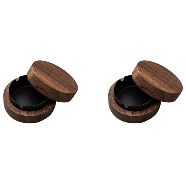 2X Cenicero de Nogal con Tapas Cenicero de Madera Una Prueba de Viento Cenicero Portátil para Fumadores Oficina Escritorio, Regalo para Hombres (Negro)