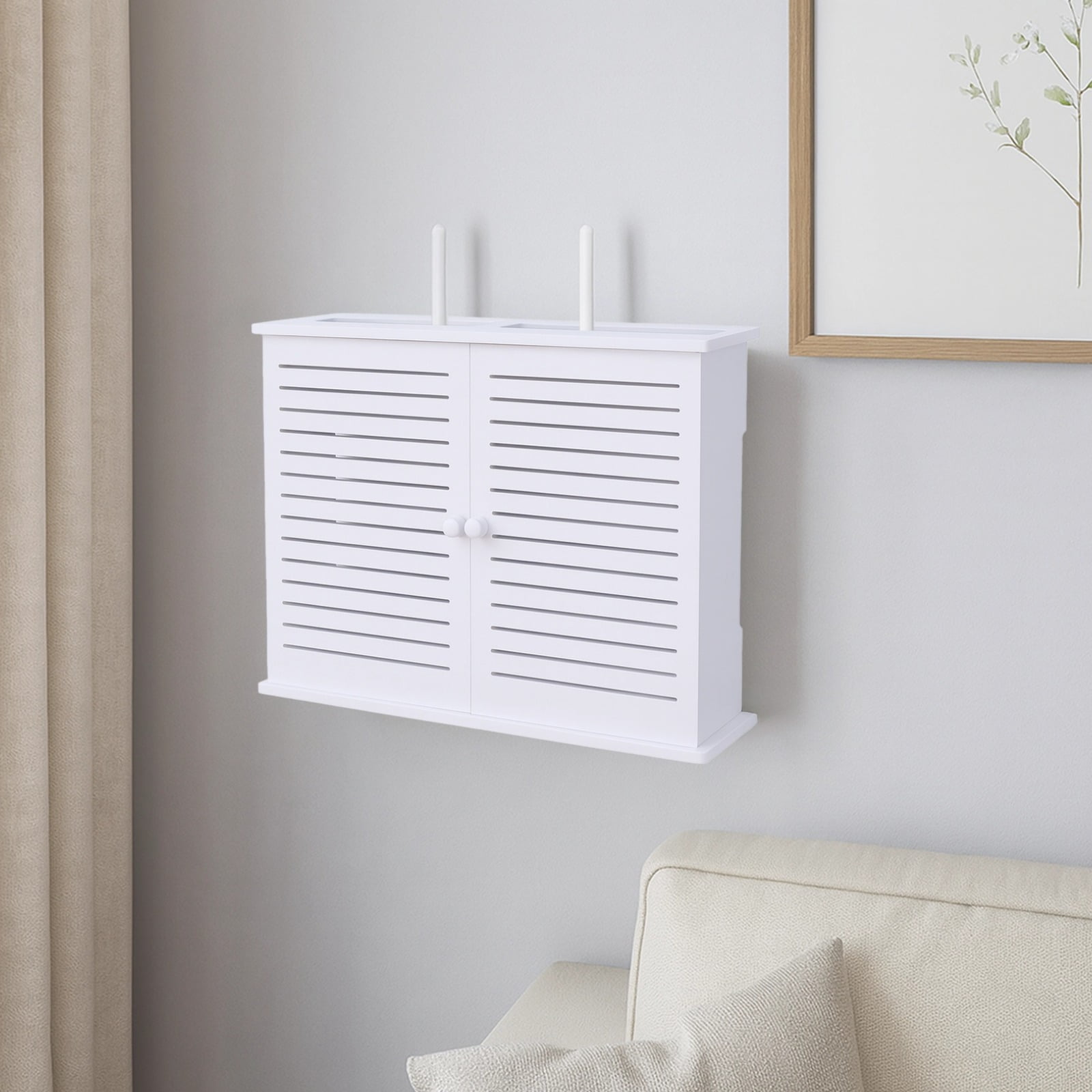 WiFi Router Box Hider, Wall Mount, 18.9 x 12.4 x 4.3 in / 48 x 31.5 x 11 cm, Multimedia Storage Box with Double-Layer Louvered Door, Router Shelf Wall Mount, Cord Hider, White