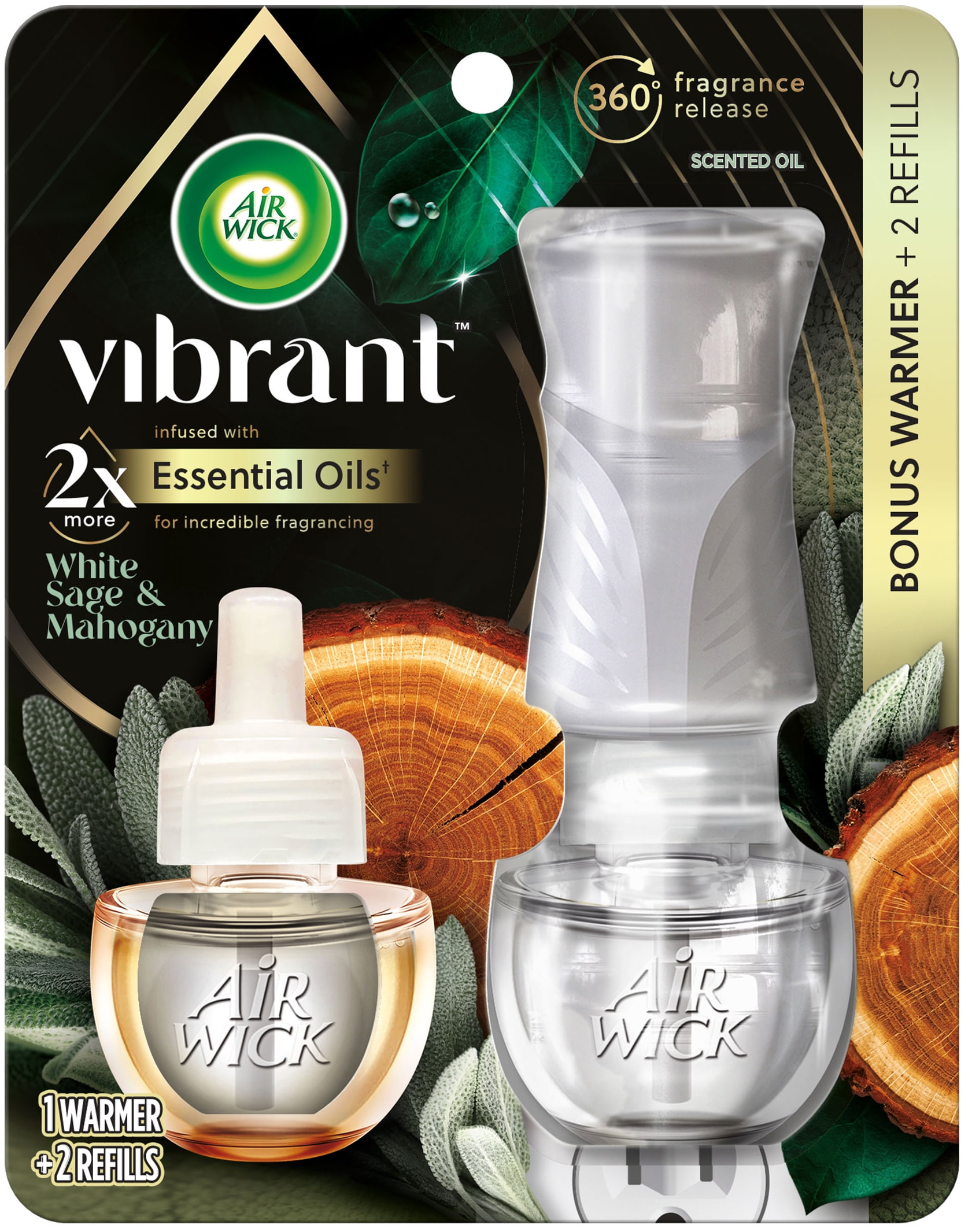 Air Wick Vibrant Plug in Scented Oil Starter Kit (Gadget + 2 Refills), White Sage & Mahogany, Air Freshener, Essential Oils