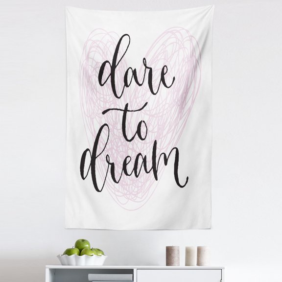 Dream Tapestry, Dare to Dream Words with Hand Drawn Heart Design with Line Pattern, Fabric Wall Hanging Decor for Bedroom Living Room Dorm, 5 Sizes, Pale Pink Black, by Ambesonne