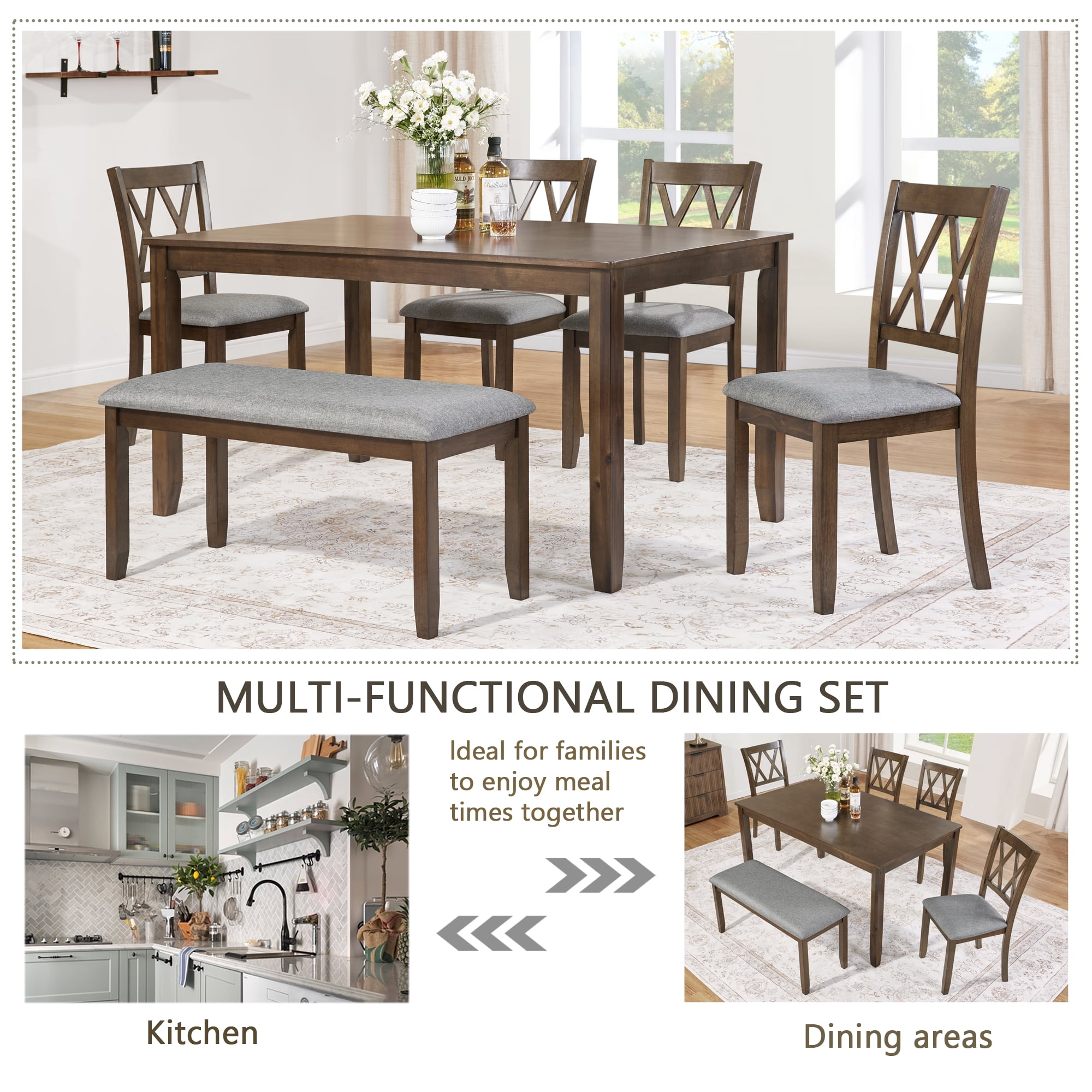 BSHTI 58.5" Acacia Wood & MDF 6-Piece Dining Table Set with Vertical X-Back Upholstered Chairs and Bench for Dining Room(Walnut)