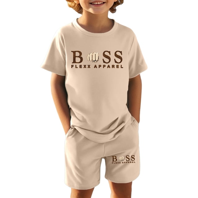 Fshinging Children Clothes Set Summer Letter Print Shorts Suit Short Sleeve Tops 2 Piece Set Garçon Ensemble Size 5-6 Years