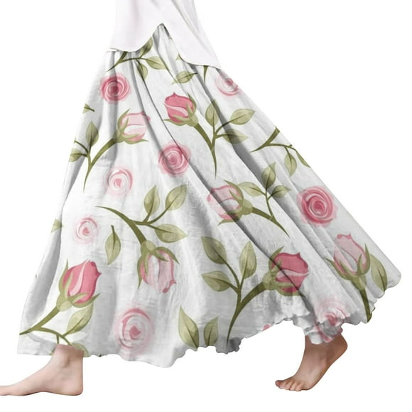 SNOWSONG Fall Skirts for Women 2024 Clearance! Women's Fashion Linen Scalloped Hem Floral Printed Half-Length Skirt, Midi Skirts, Boho Skirts, Floral Skirt 1PC bustle skirt White S