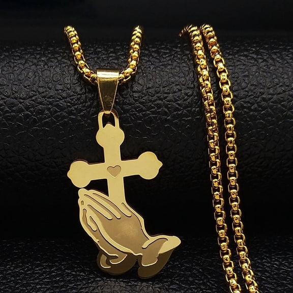 Jesus Cross Praying Hand 14K Yellow Gold Chain Necklaces for Men Gold Color Catholic Religious Faith Jewelry corrente