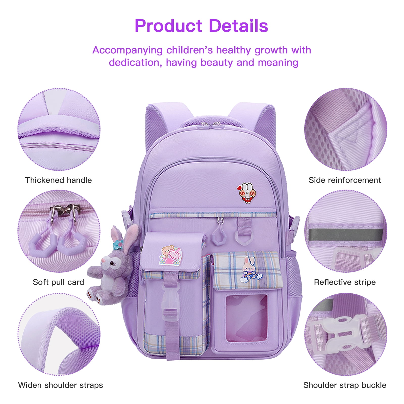 Kadyn Travel Backpacks, Cute Bookbag for Teen, Multifunctional School Durable Schoolbag with Lina Bell, 3 Decorative Cards and Lunch Bag, Purple