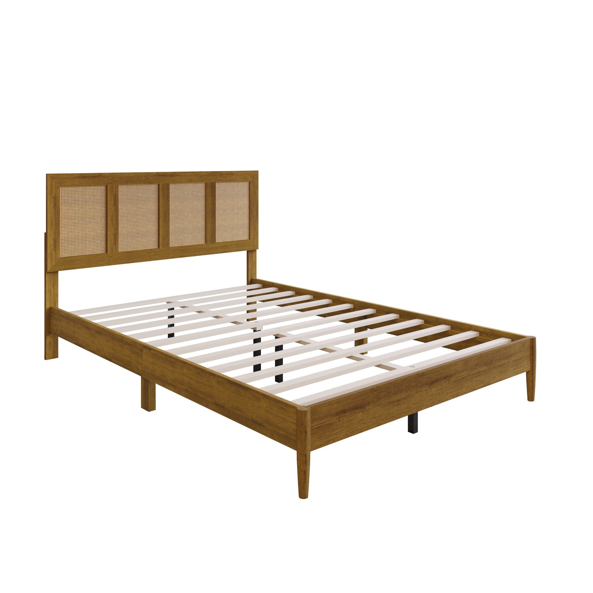 Home Design Skokie Queen Platform Bed Frame with Rattan-Embellished Headboard and Full Slat System, Brown, Easy Assembly