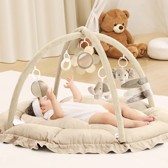 Angelbliss 5-in-1 Baby Play Gym with 5 Sensory Toys, Khaki