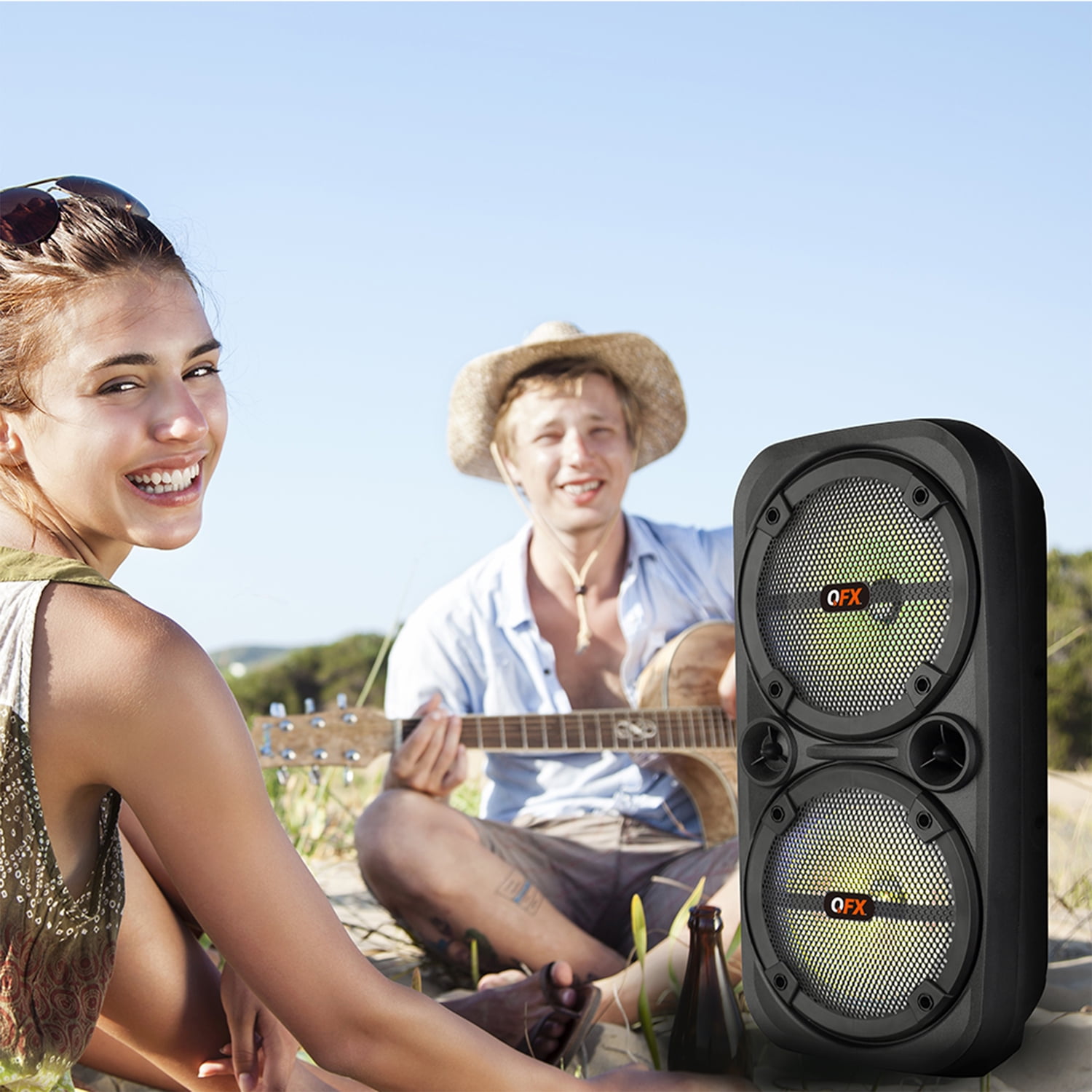 QFX Portable Bluetooth True Wireless Speaker with LEDs, Microphone, and Stand, Black, PBX-8008SM, 2 Count, PBX-8008