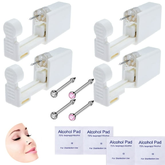 4-Pack Disposable Self Piercing Kit with Built-in Nose Studs, Very Safe Piercing Gun, Simple and Convenient Operation, Ideal for Family Use (White   Pink)