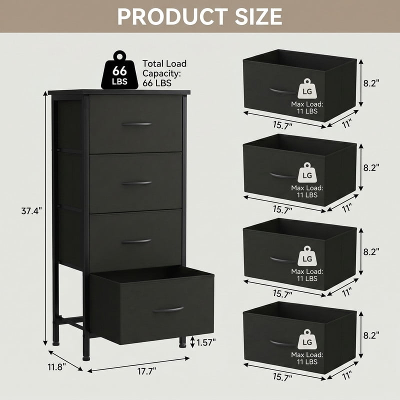 BEAUTYPEAK 4-Drawer Fabric Dresser Nightstand Bedside Table with Wood Top Adjustable Feet, Black