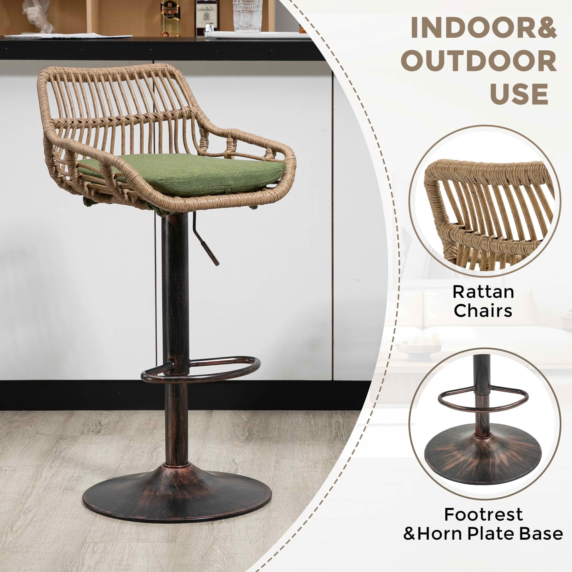 MAYEERTY Swivel Bar Stools Set of 2, Adjustable Height Chairs with Footrest, Linen and PE Rattan Back, Green