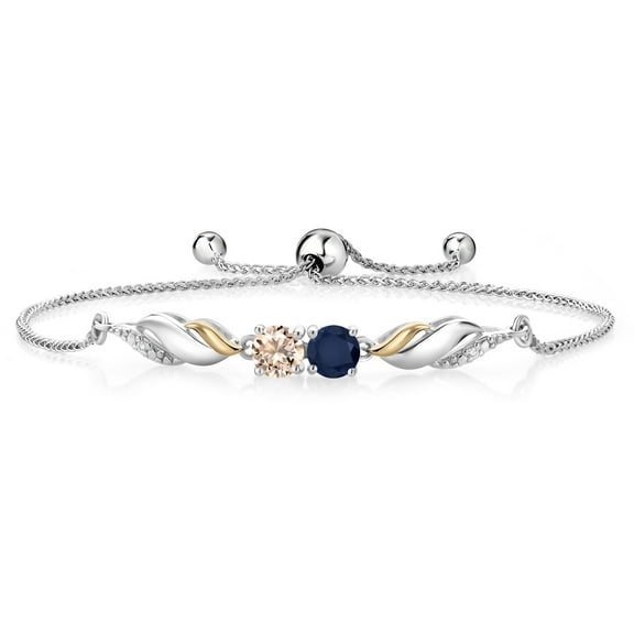 Gem Stone King 1.02 Ct Blue Sapphire Peach Morganite 925 Silver and 10K Yellow Gold Lab Grown Diamond Bracelet for Women