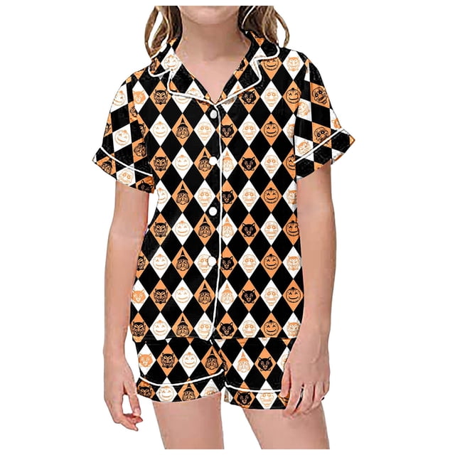 WEAIXIMIUNG 2 Piece Sets Pajamas For Kids Children Graphic Print Short Sleeve Button Shirt Shorts Pajama Set 8-9 Years