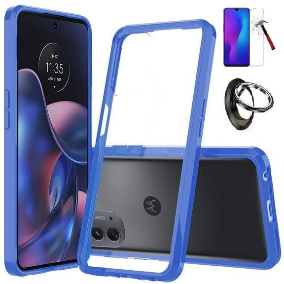 For Motorola Moto Edge (2022), Clear Transparent Hybrid Case Cover   Ring/ Tempered Glass  (Clear-Blue)