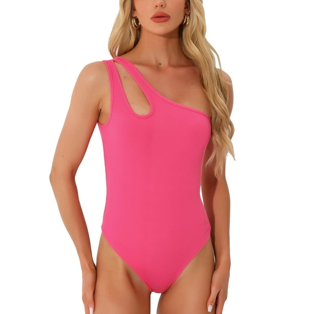 CAMISETA LEOTARDO REFINADA para Mujer de Un Hombro, Ajuste Slim, Top de Punto Acanalado, Color Rosa Fucsia