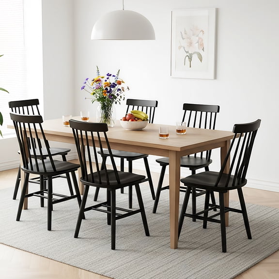 17.5''W Farmhouse Dining Chairs Set of 6, 7-Spindle Windsor Solid Wood Chair for Kitchen & Dining Room, Black