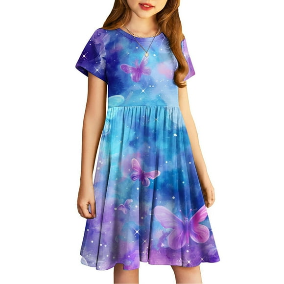 Rbaofujie Girls Dress Basic Short Sleeve A Line Swing Skater Twirl School Party Dress