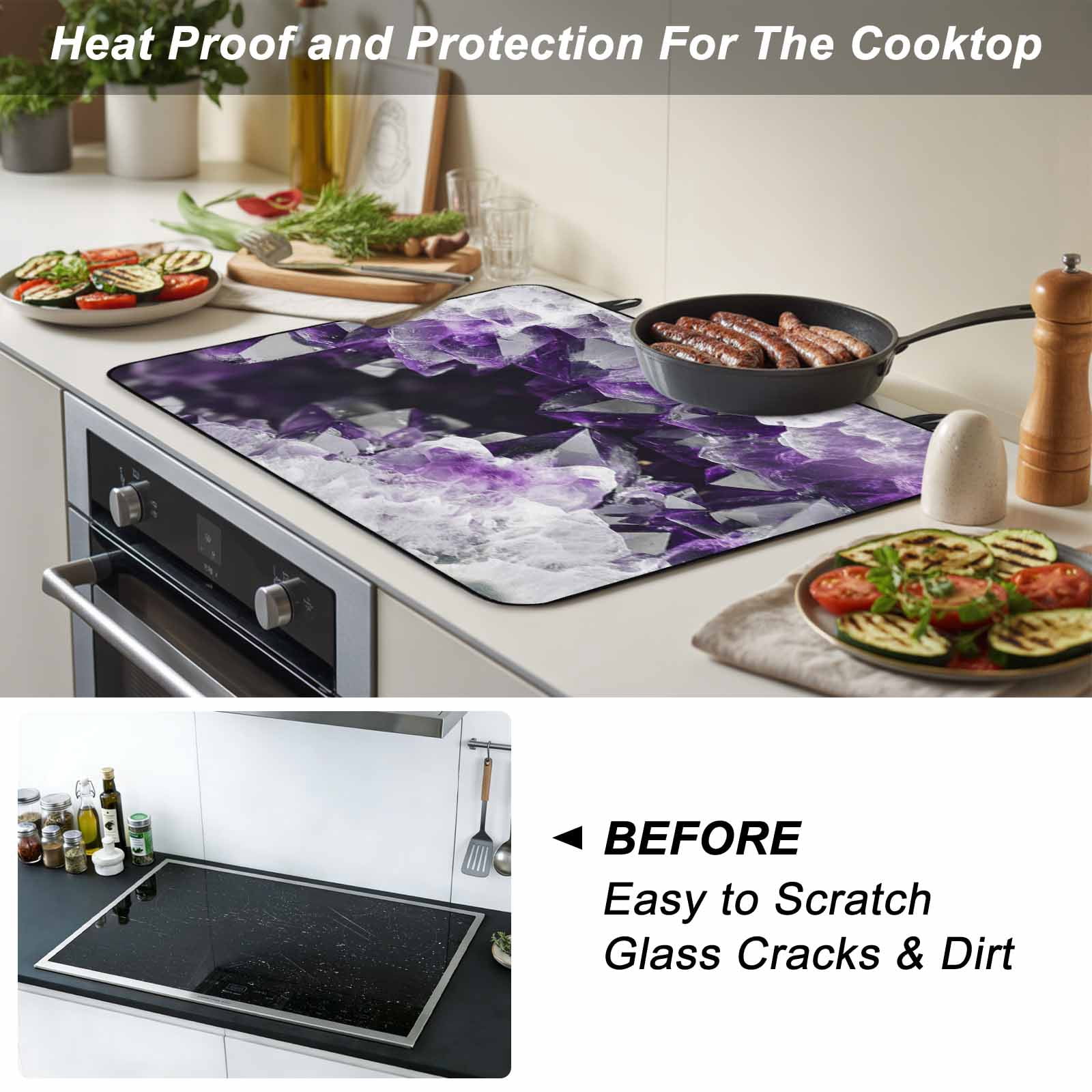 Purple Black Geometric Stove Top Cover for Electric Stove, Heat-proof & Non Slip Glass Top Stove Cover Protector, Modern Abstract Crystals Artwork Kitchen Flat Cooktop Rubber Mat 24x21 Inches
