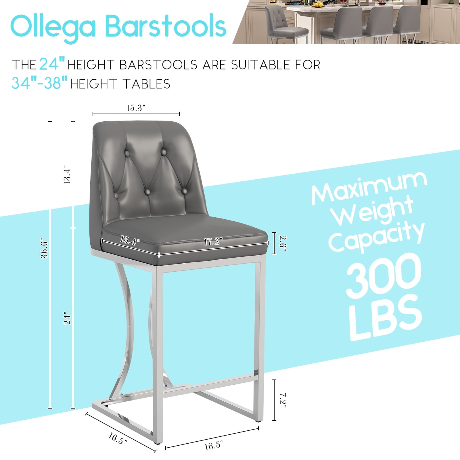 Ninecer 24" Counter Height Bar Stools Set of 2, PU Leather Counter Stool Chairs with Full Back for Kitchen Island, Gray