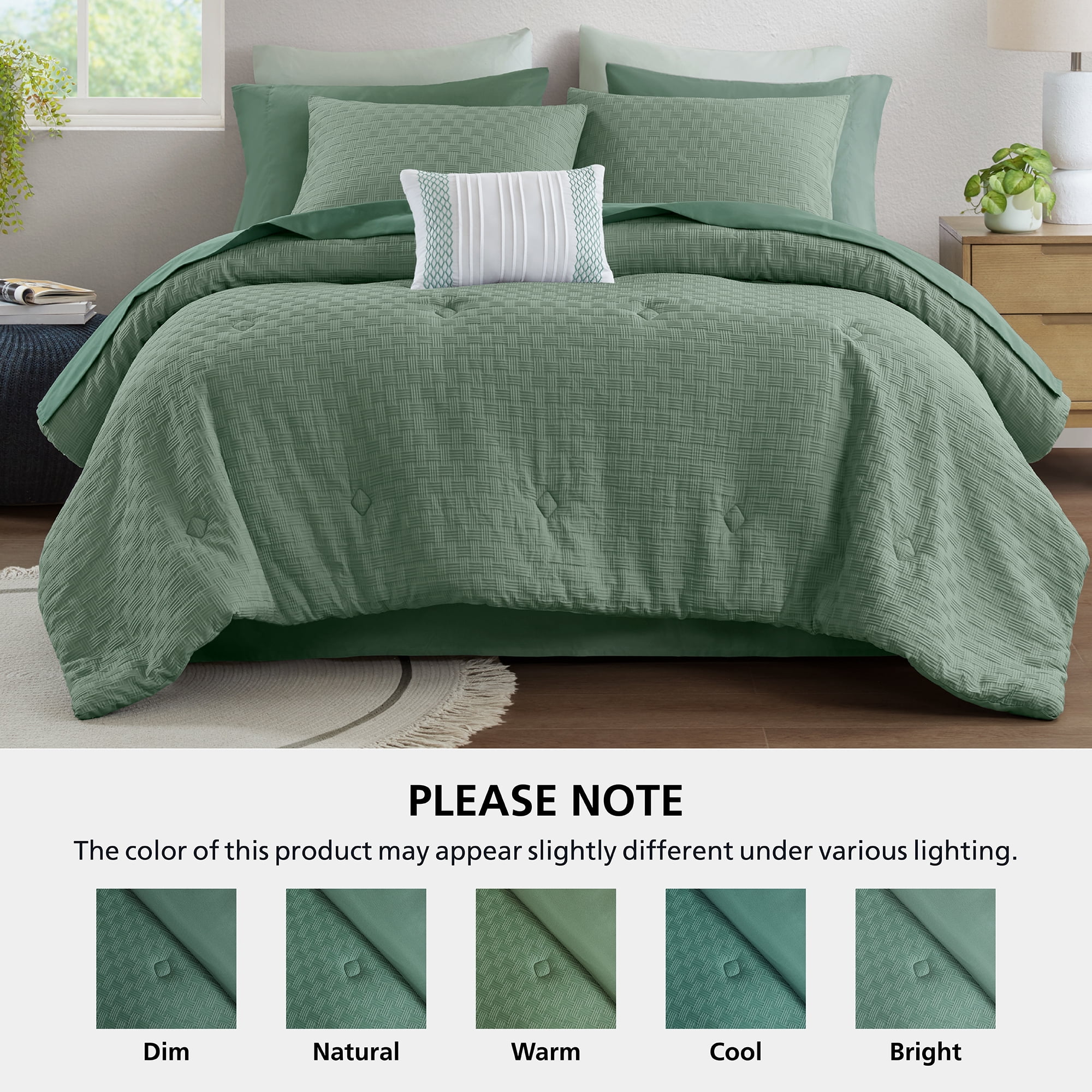 Mainstays Reversible 11-Piece Bed-in-a-Bag Comforter Set with Sheets, Full, Green Basketweave