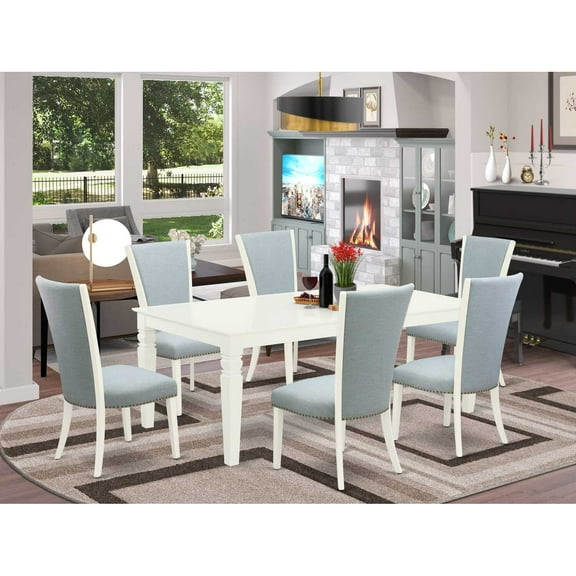 East West Furniture East-West Furniture LGVE7-LWH-15 - A wooden dining table set of 6 amazing parson chairs with Linen Fabric Baby Blue color and a beautiful dining table with Linen White color