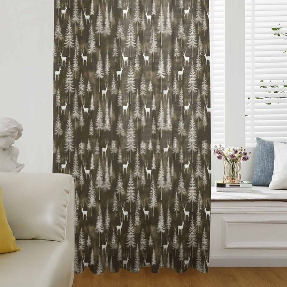 Brown Christmas Semi Sheer Curtains Drapes for Living Room, Bedroom, French Doors Window 108 Inches Long, Xmas Tree Elk Christmas Rod Pocket Chiffon Curtain Drapery Voile Draperies Panel