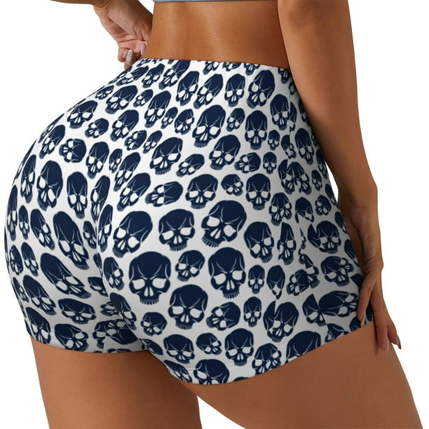 Fotbe black Skull white Shorts Sin Costuras – Shorts Deportivos de Cintura Alta para Mujer, Elásticos para Gimnasio, Yoga, Running o Ciclismo-X-Large