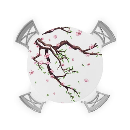 

Round Tablecloth with Elastic Spring Vitality Blooming Flower and Sprouted Branches Waterproof Stain-proof Table Cover Wipeable Fitted Table Cloths for 45 -54 Round Tables Dining Kitchen