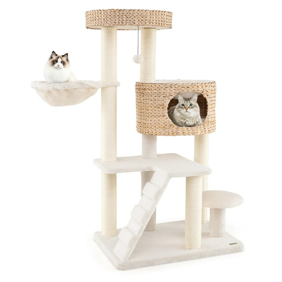 Gymax Modern Cat Tower w/ Cattail Fluff Condo & Top Perch Sisal Scratching Posts