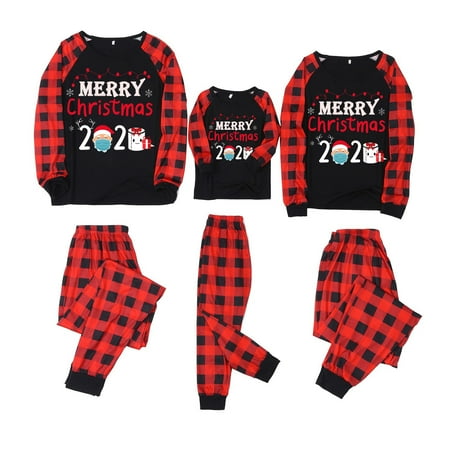 

One opening Christmas Letter Print Parent-child Wear Black and Red Plaid Pants Home Suit Long Sleeve Family Pajamas Set