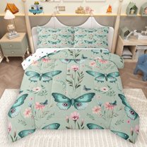 Homewish Teal Butterflies 3-Piece Full Size Comforter Sets for Boys Girls,Chic Flowers Bedding Comforter Set,Spring Graden Lightweight Bedding Sets,Microfiber Bedroom Decor,Reversible